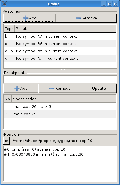 pygdb: status window